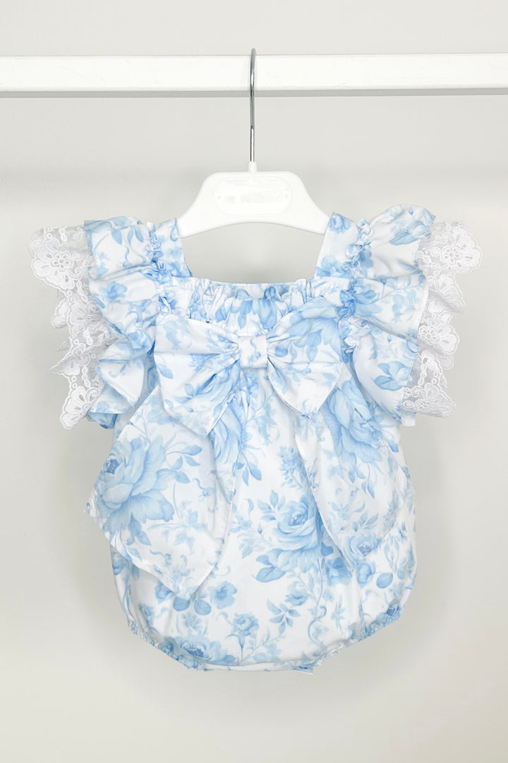 Fofettes x Be Chic "Elara" Blue Floral Lace Bow Romper | Millie and John