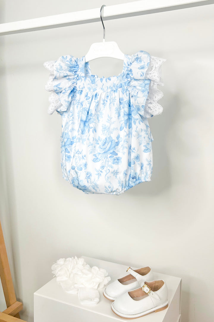 Fofettes x Be Chic "Elara" Blue Floral Lace Bow Romper | Millie and John