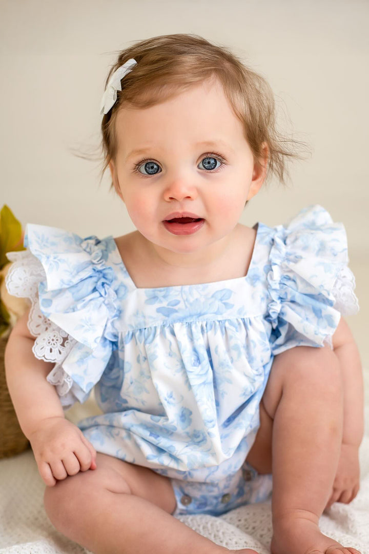 Fofettes x Be Chic "Elara" Blue Floral Lace Bow Romper | Millie and John