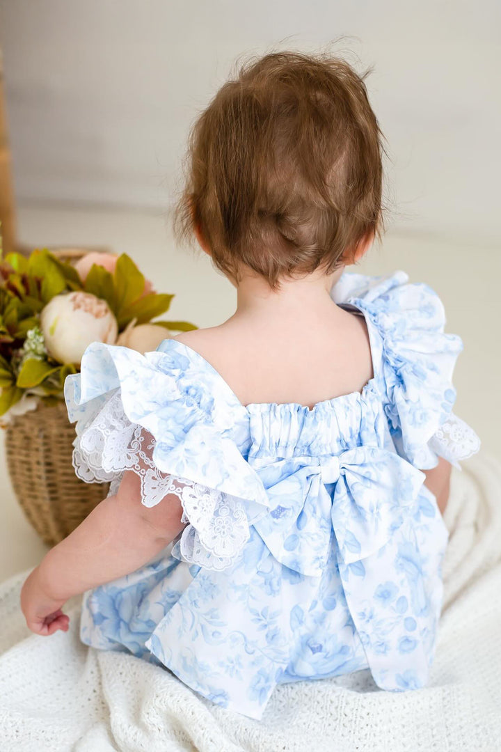 Fofettes x Be Chic "Elara" Blue Floral Lace Bow Romper | Millie and John