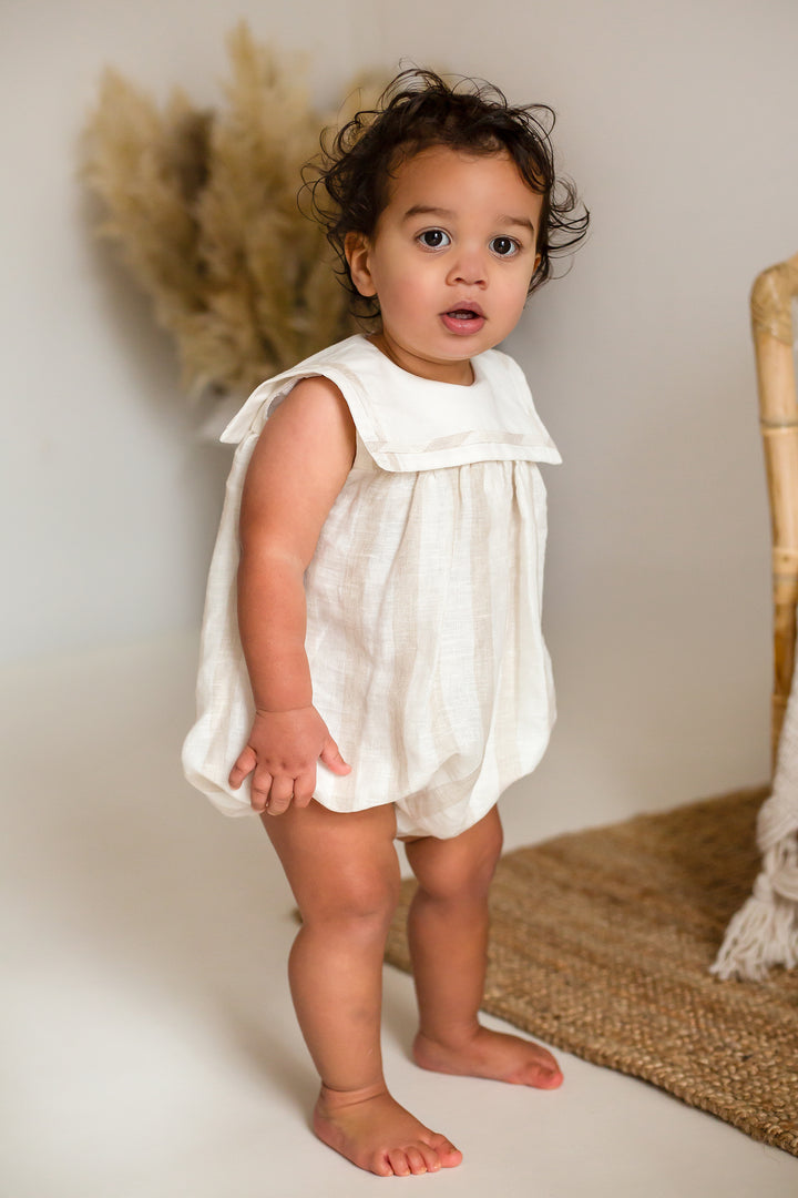 Fofettes x Be Chic "Miles" Ivory & Beige Striped Sailor Romper | Millie and John