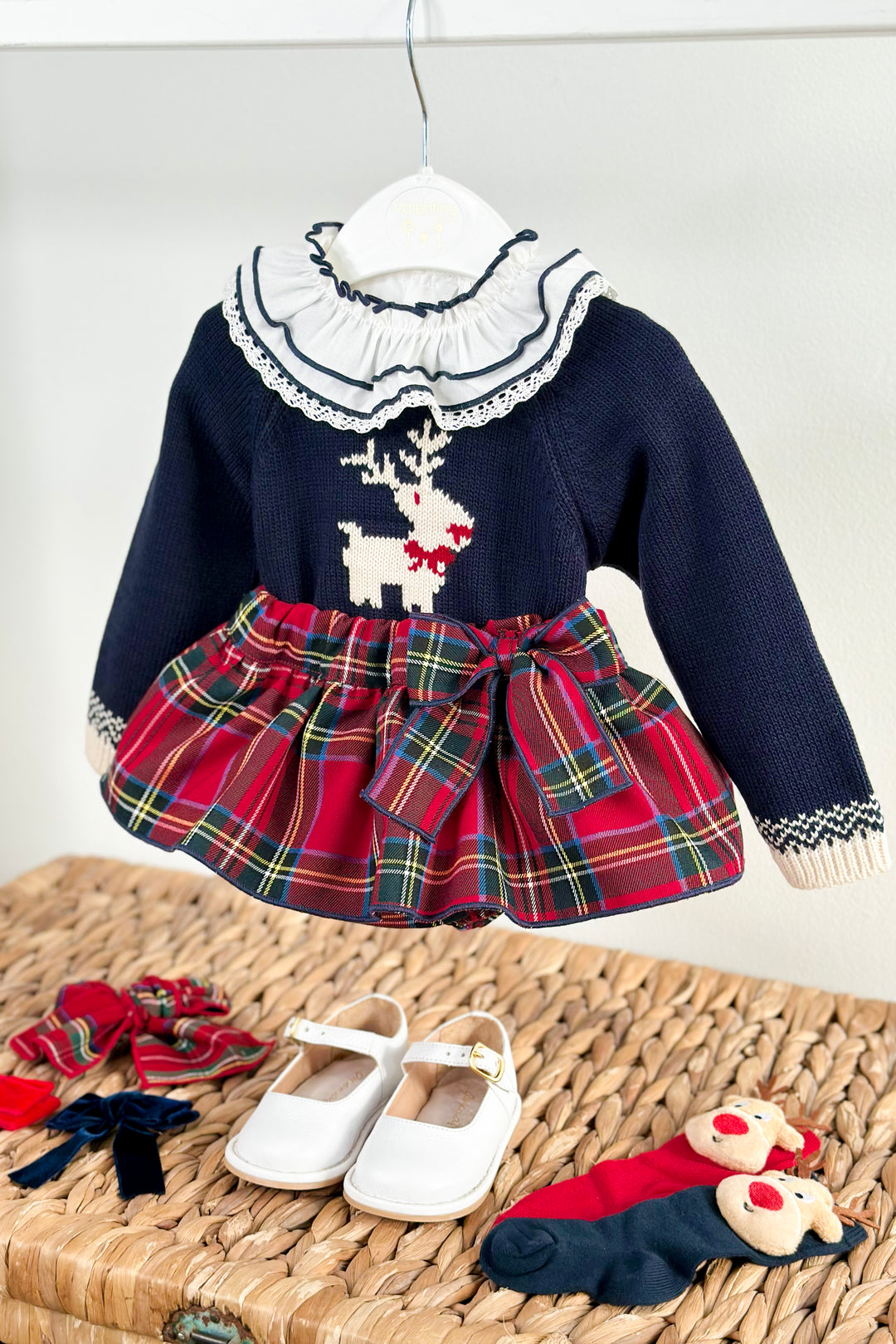 "Willow" Navy Reindeer Jumper, Blouse & Red Tartan Skort