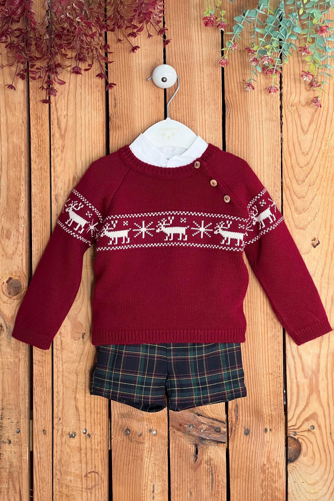 "Caleb" Burgundy Reindeer Jumper, Shirt & Bottle Green Tartan Shorts