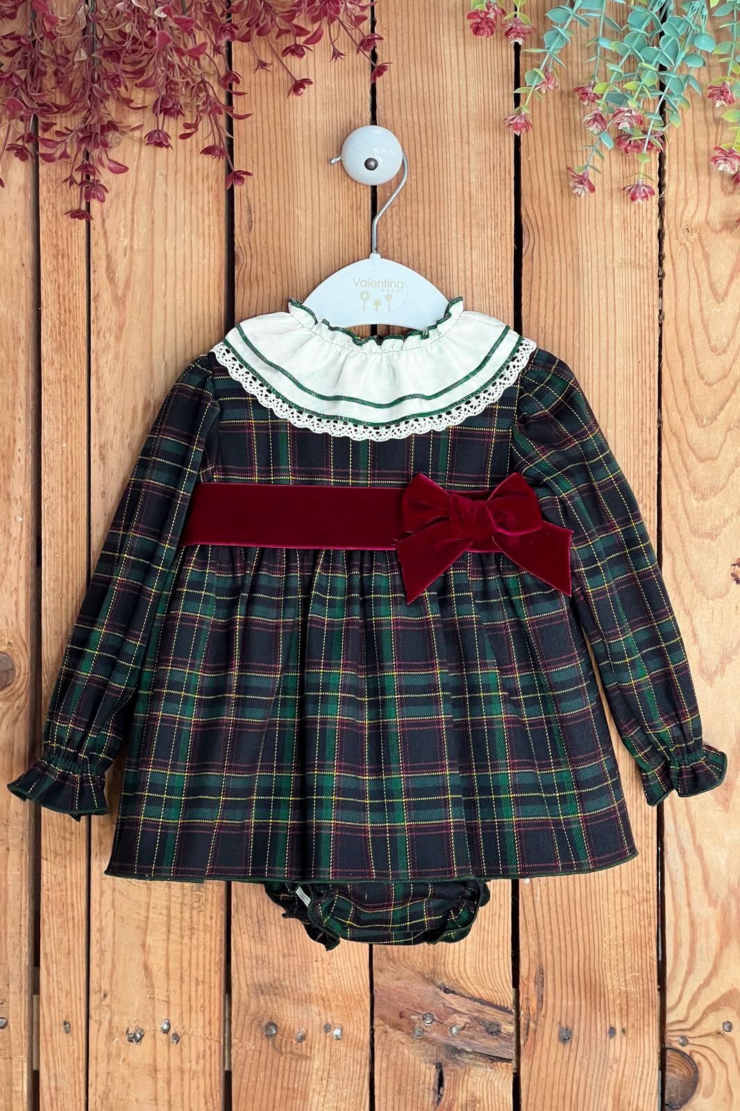 "Madeleine" Bottle Green Tartan Dress & Bloomers