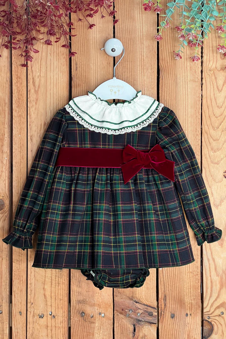 "Madeleine" Bottle Green Tartan Dress & Bloomers