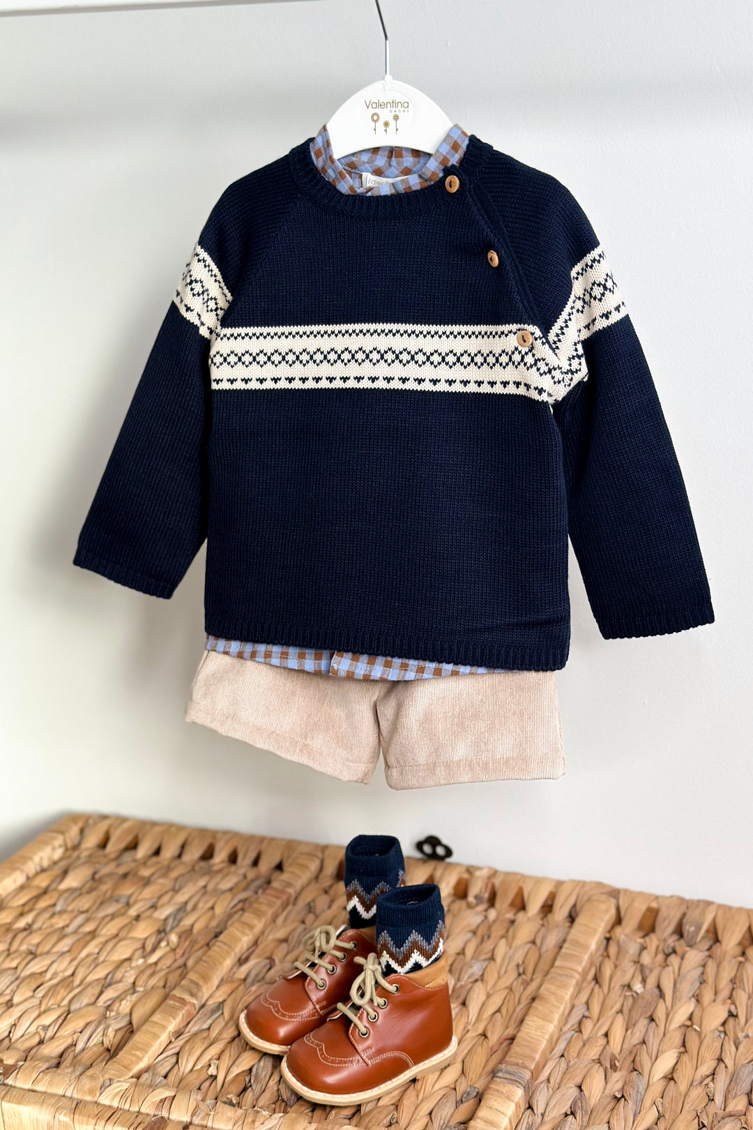 "Bobby" Navy Jumper, Gingham Shirt & Cord Shorts