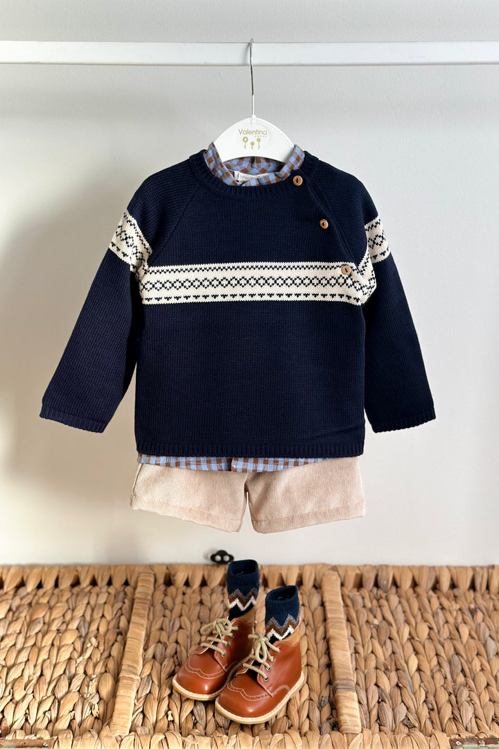 "Bobby" Navy Jumper, Gingham Shirt & Cord Shorts