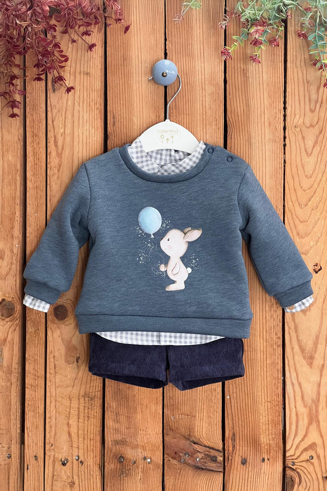"Cooper" Dusky Blue Bunny Sweatshirt, Gingham Shirt & Shorts