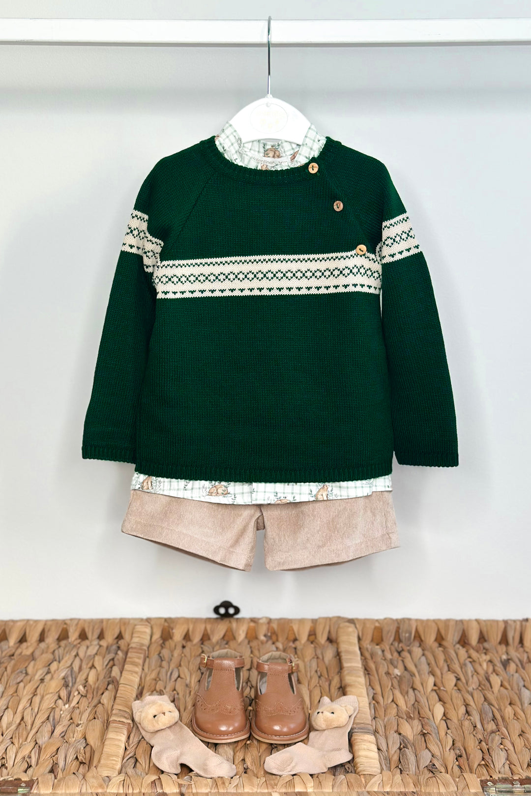 "Austin" Bottle Green Jumper, Bear Shirt & Shorts
