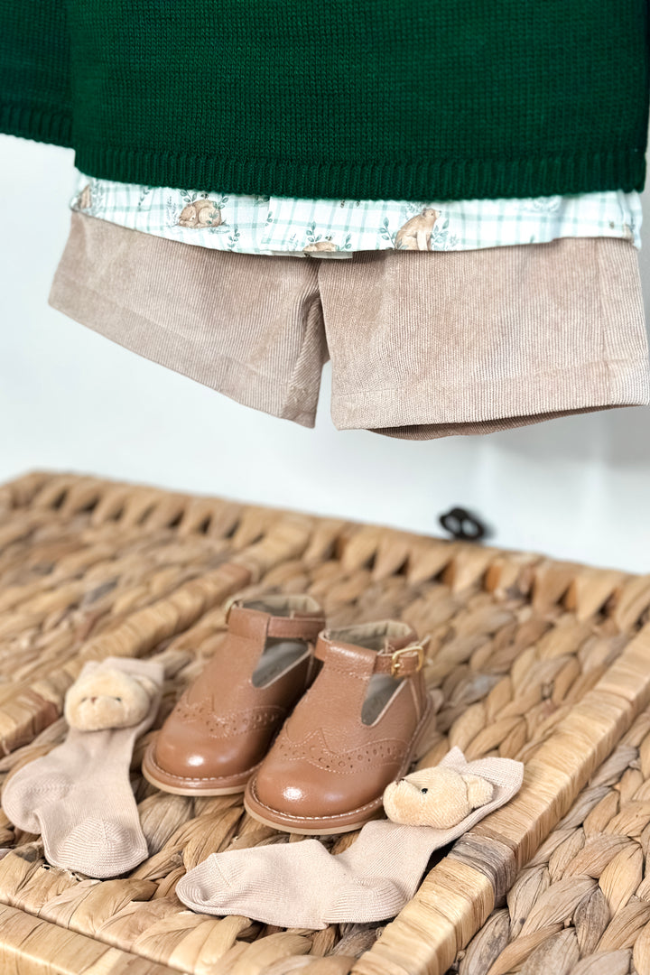 "Austin" Bottle Green Jumper, Bear Shirt & Shorts