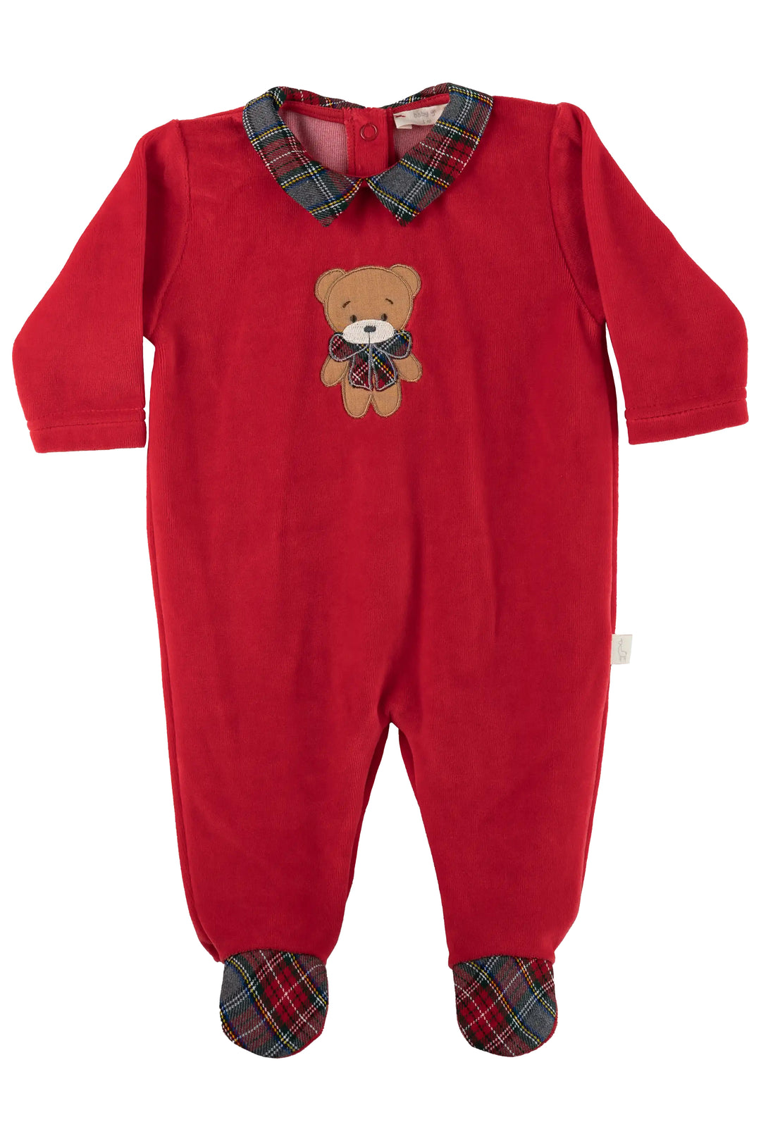Baby Gi Red Velour Tartan Bear Sleepsuit | Millie and John
