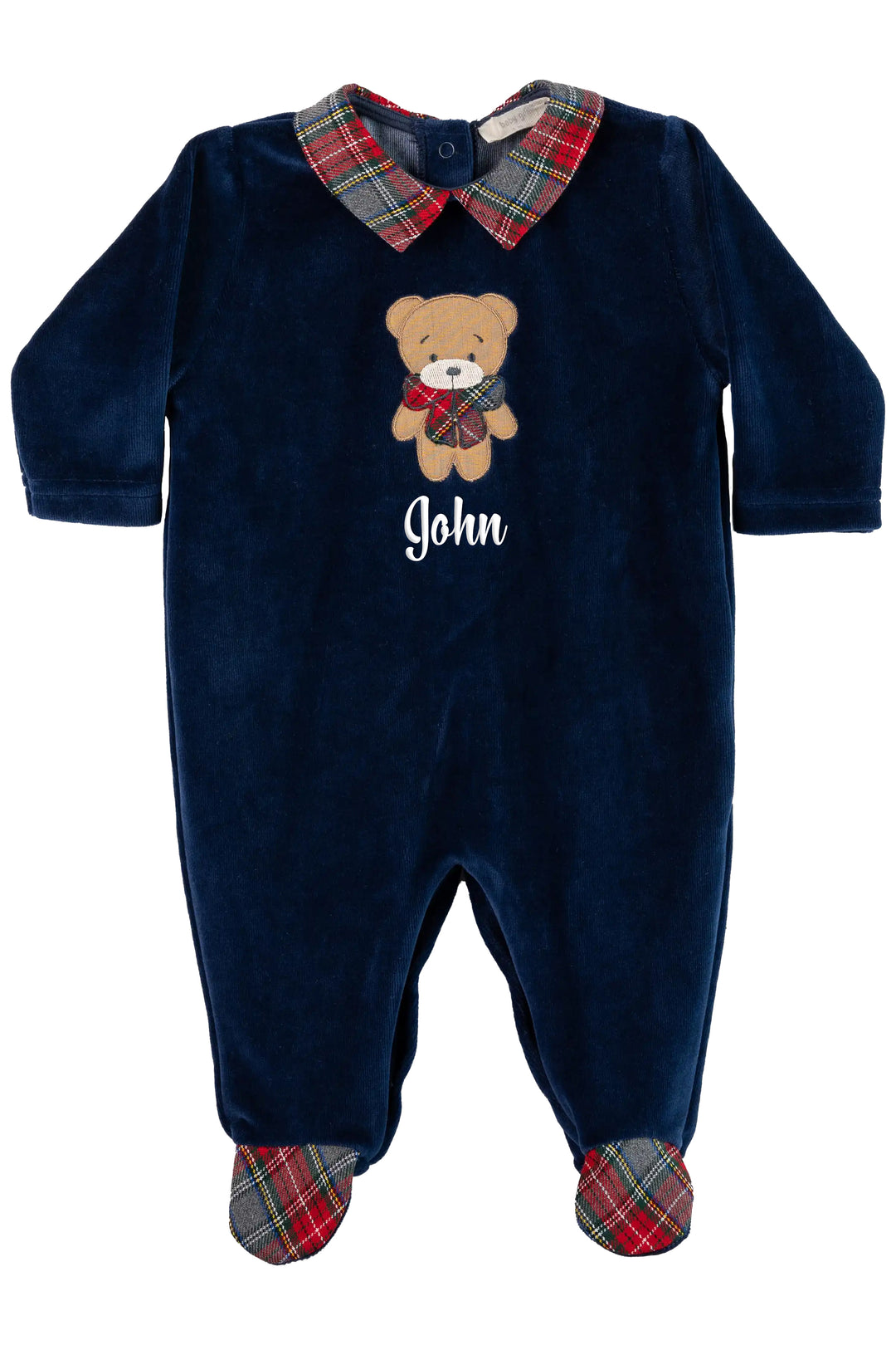 Baby Gi Navy Velour Tartan Bear Sleepsuit | Millie and John
