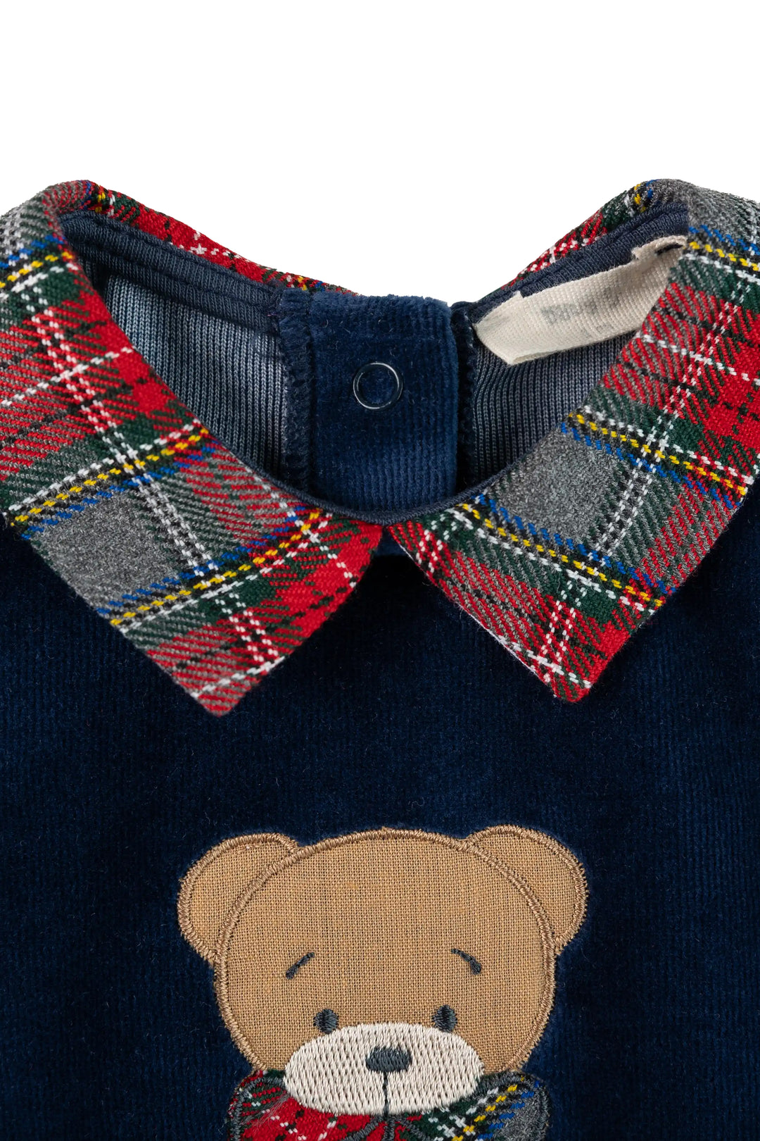 Baby Gi Navy Velour Tartan Bear Sleepsuit | Millie and John