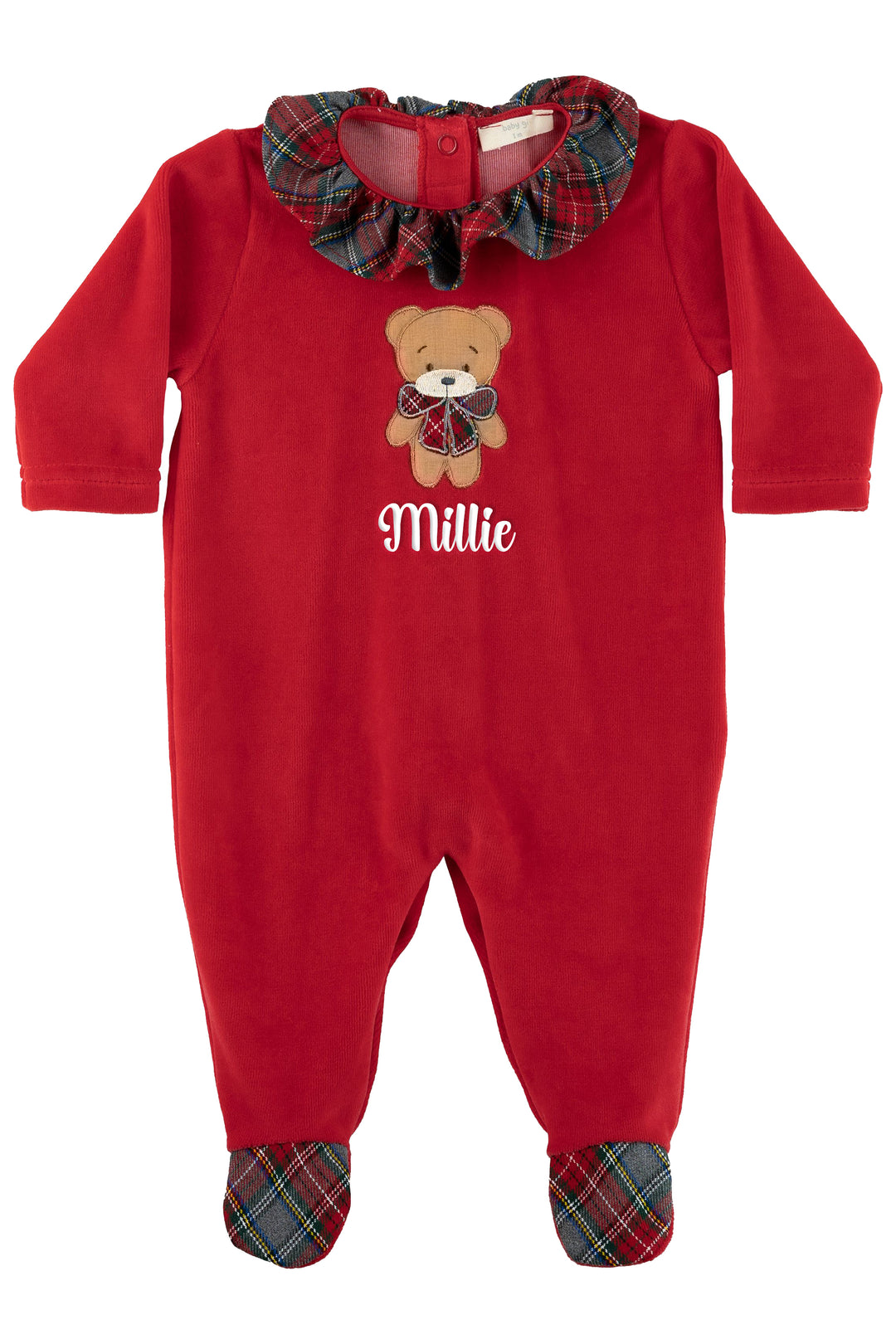 Baby Gi Red Velour Tartan Ruffle Bear Sleepsuit | Millie and John