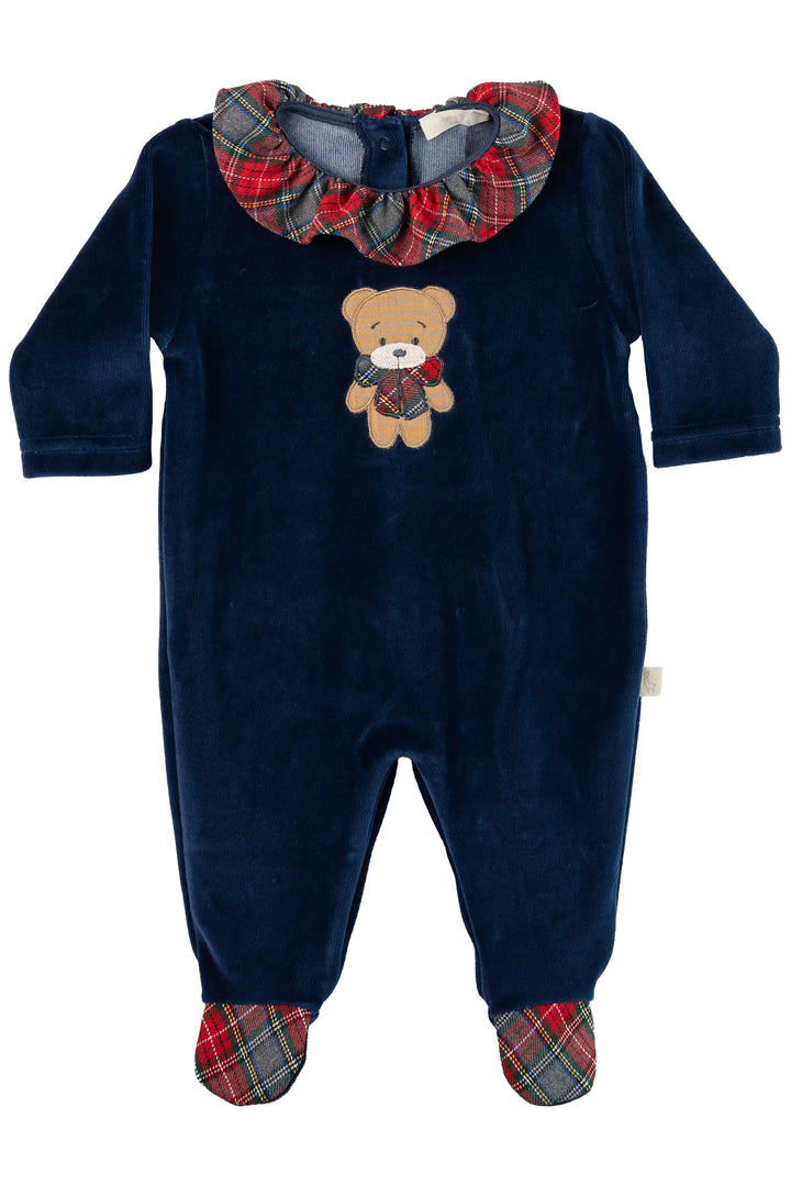 Baby Gi Navy Velour Tartan Ruffle Bear Sleepsuit | Millie and John
