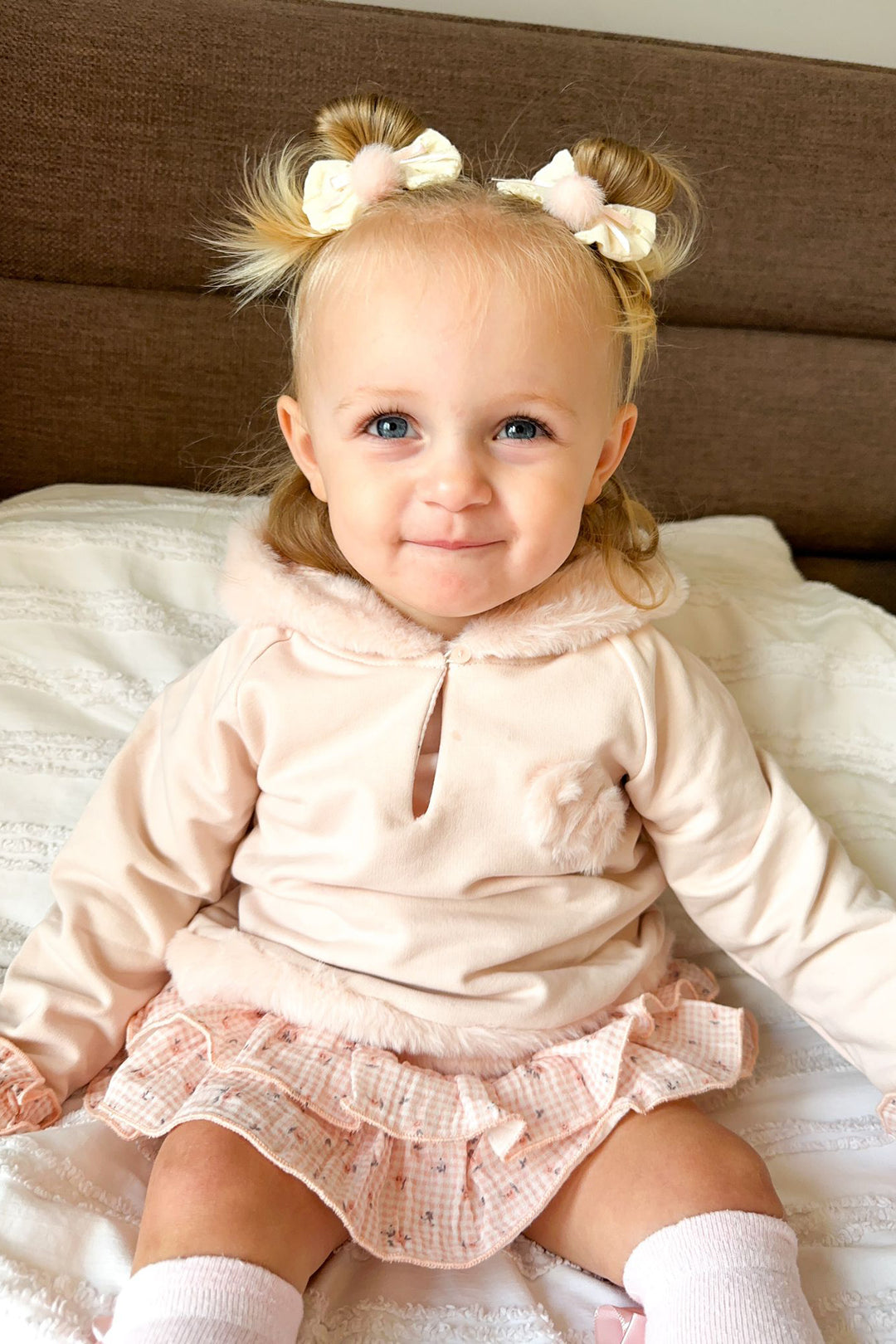 Deolinda "Mikayla" Peach Faux Fur Hoodie & Bloomers | Millie and John