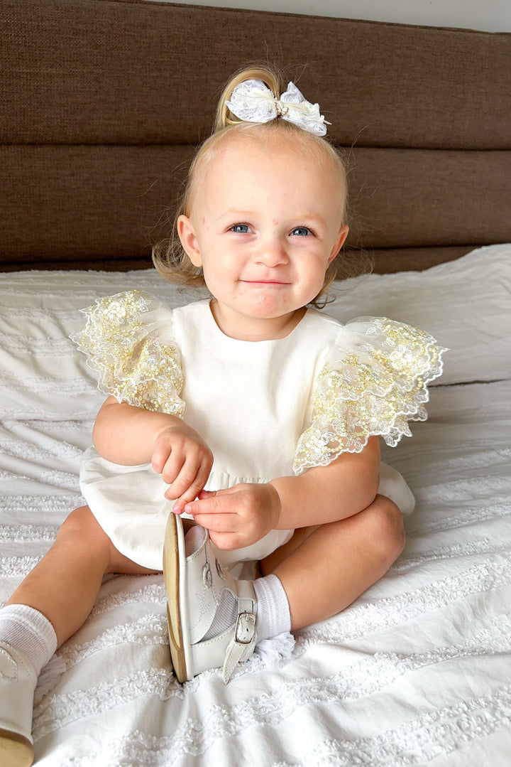 Fofettes "Alya" Ivory Gold Lace Sleeve Romper | Millie and John