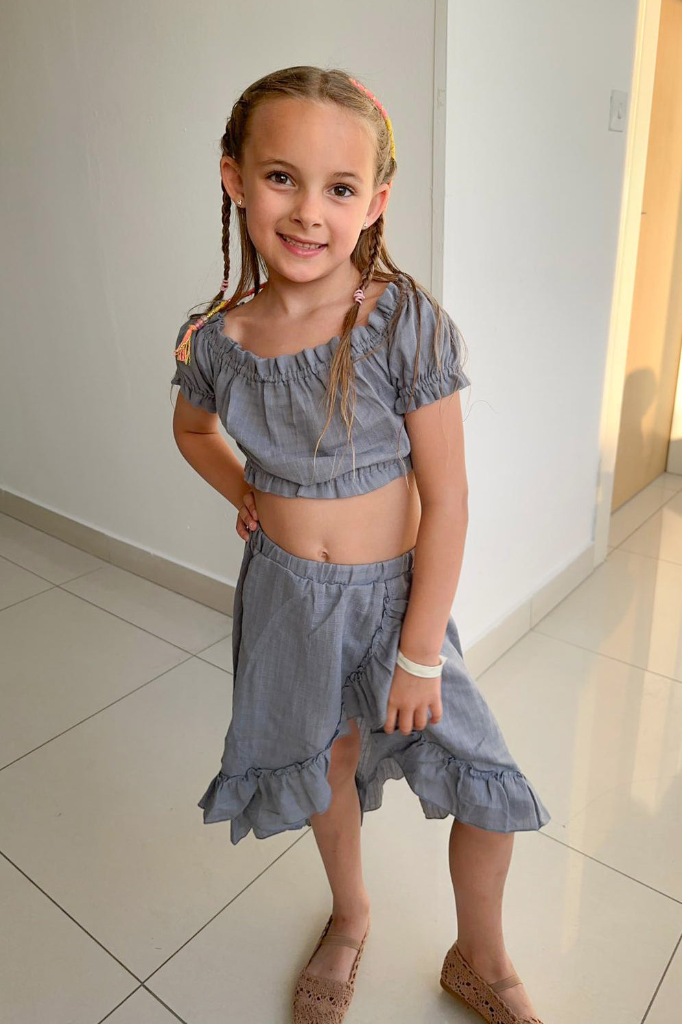 Jamiks "Brylee" Dusky Blue Organic Cotton Blouse & Skirt | Millie and John
