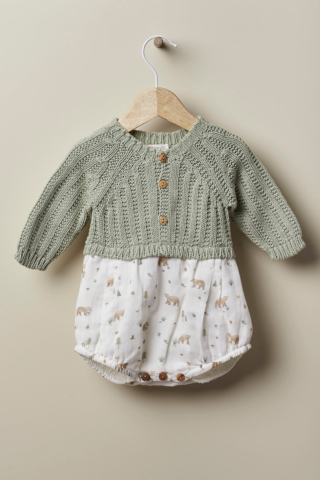 Wedoble "Celso" Sage Green Half Knit Bear Romper | Millie and John