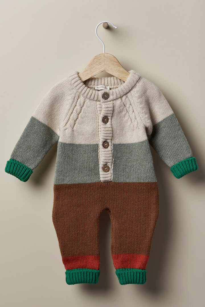 Wedoble "Leandro" Beige & Green Stripe Cashmere Knit Romper | Millie and John