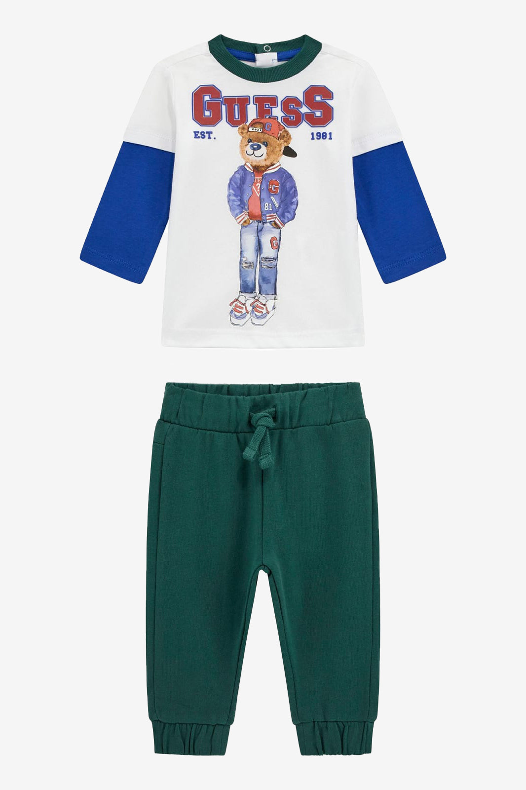 GUESS® Kids "Freddie" Blue & Green Bear Top & Joggers | Millie and John