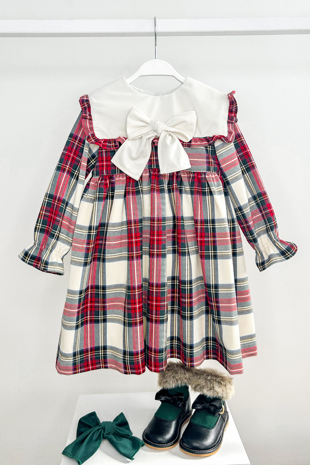 Puro Mimo "Anastacia" Red & Ivory Tartan Velvet Dress | Millie and John