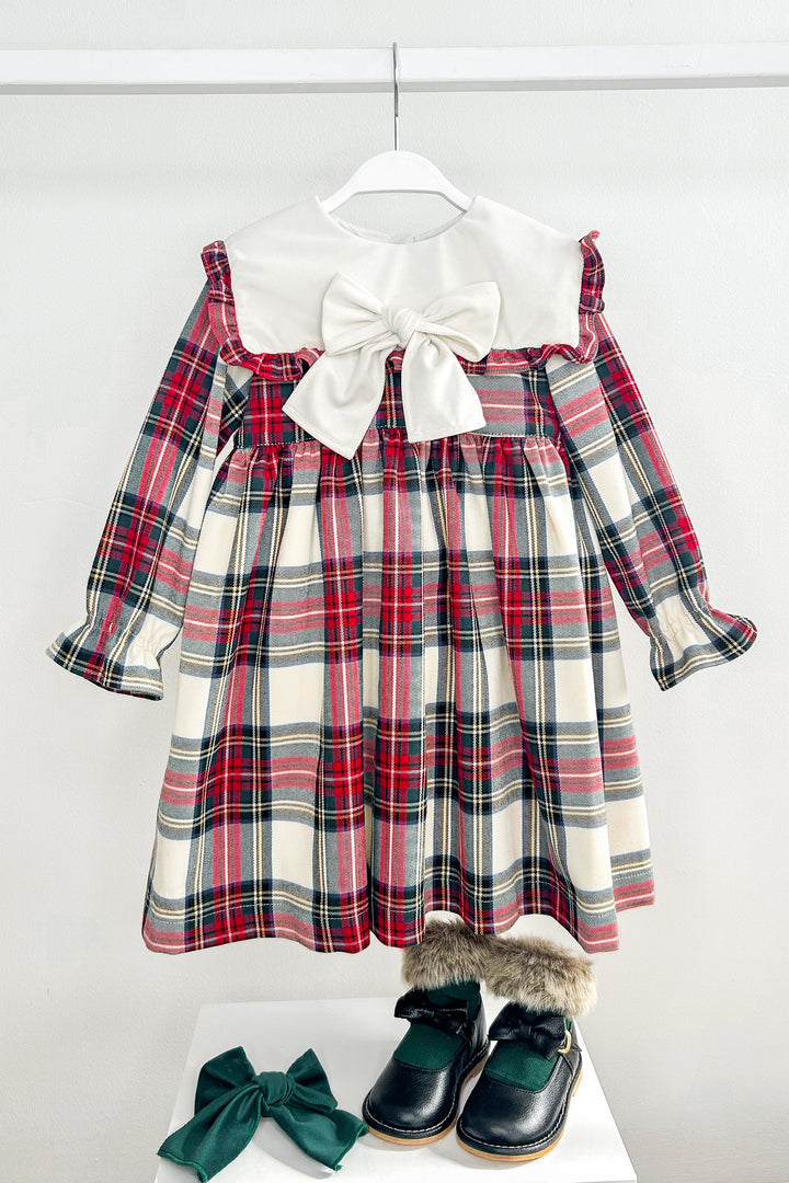 Puro Mimo "Anastacia" Red & Ivory Tartan Velvet Dress | Millie and John