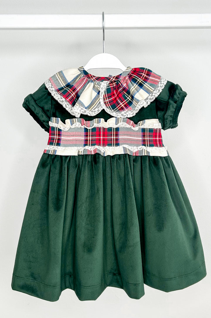 Puro Mimo "Clementine" Bottle Green Velvet Tartan Dress | Millie and John