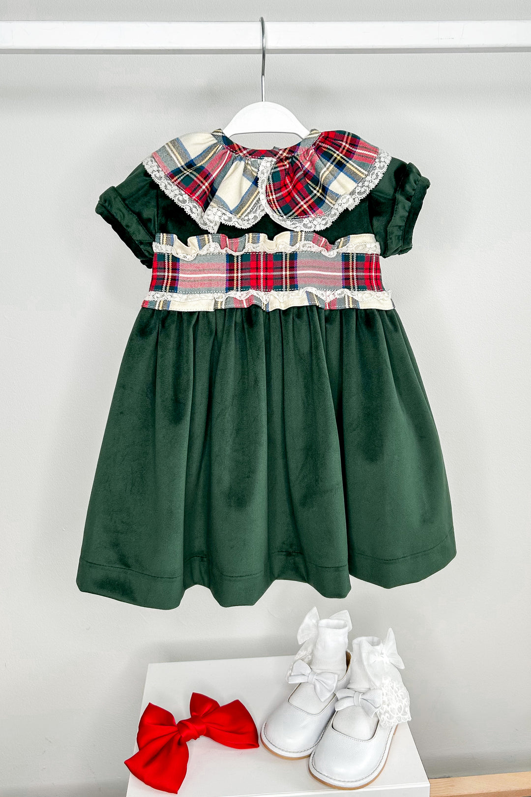Puro Mimo "Clementine" Bottle Green Velvet Tartan Dress | Millie and John