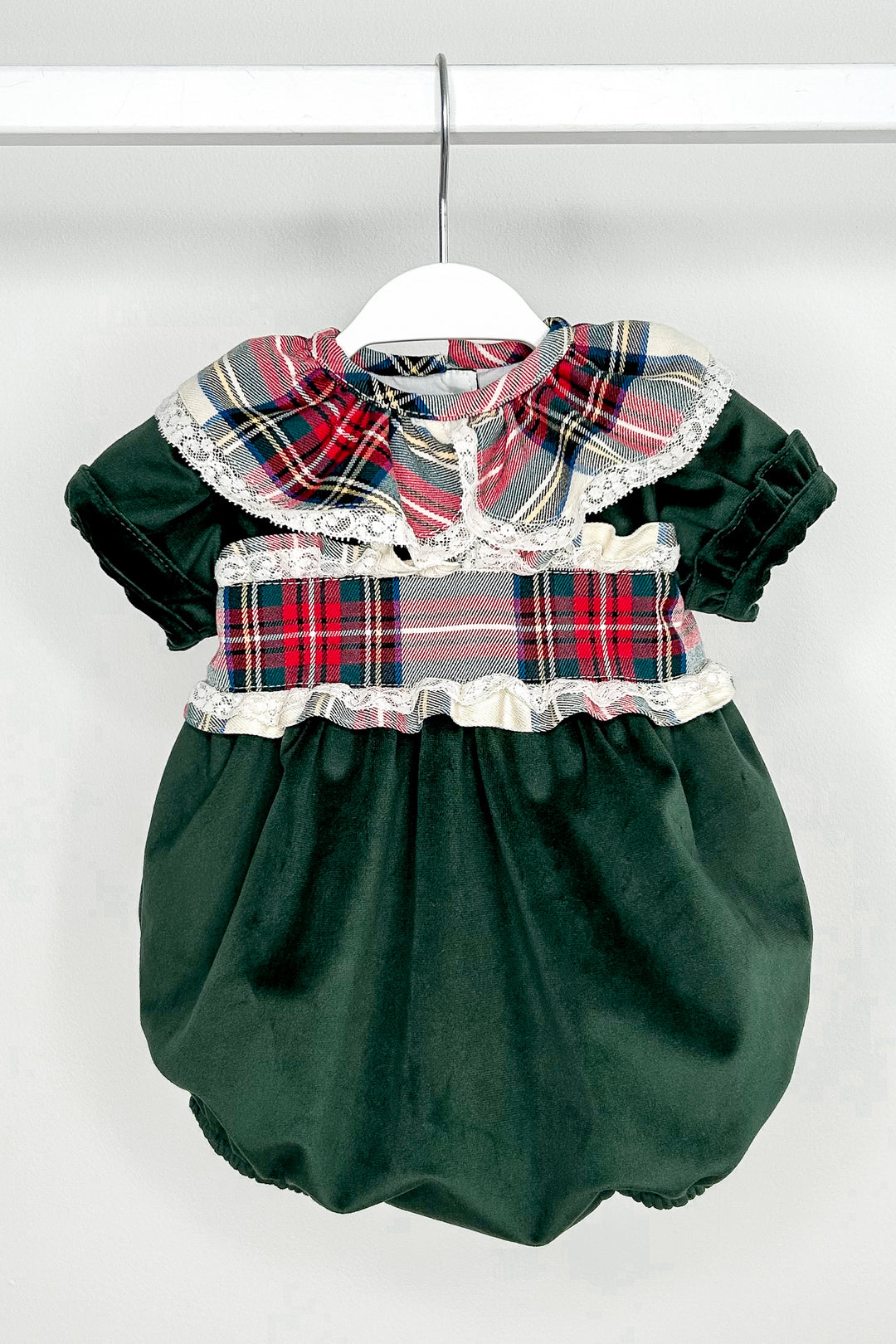 Puro Mimo "Farah" Bottle Green Velvet Tartan Romper | Millie and John