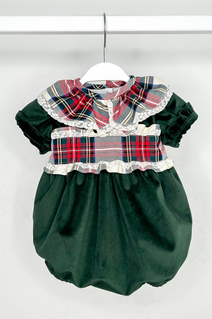 Puro Mimo "Farah" Bottle Green Velvet Tartan Romper | Millie and John