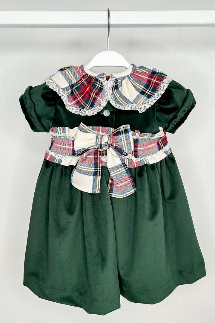 Puro Mimo "Clementine" Bottle Green Velvet Tartan Dress | Millie and John