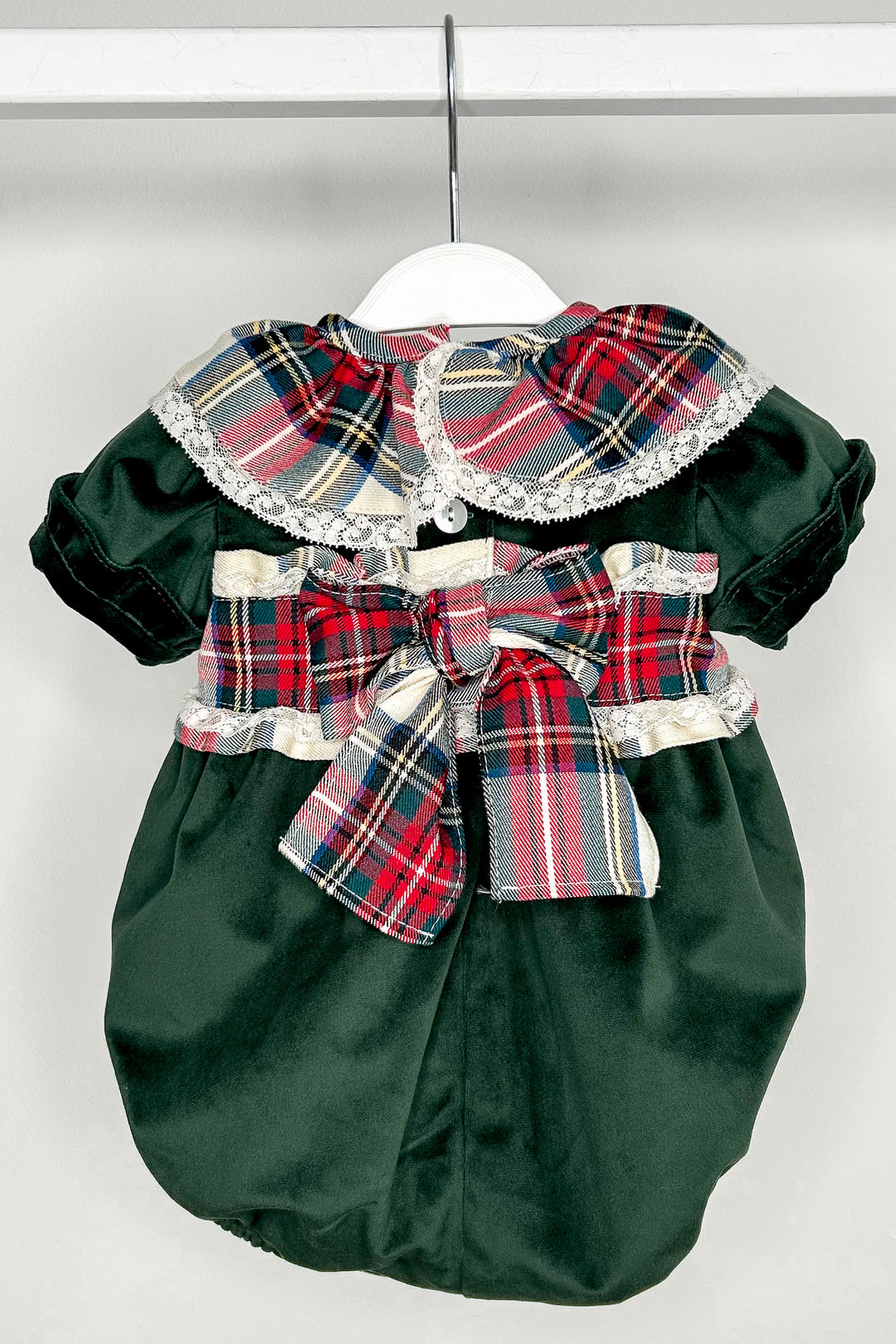 Puro Mimo "Farah" Bottle Green Velvet Tartan Romper | Millie and John