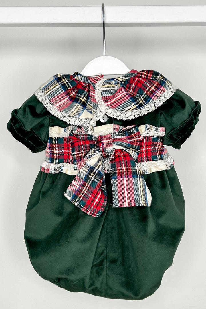 Puro Mimo "Farah" Bottle Green Velvet Tartan Romper | Millie and John