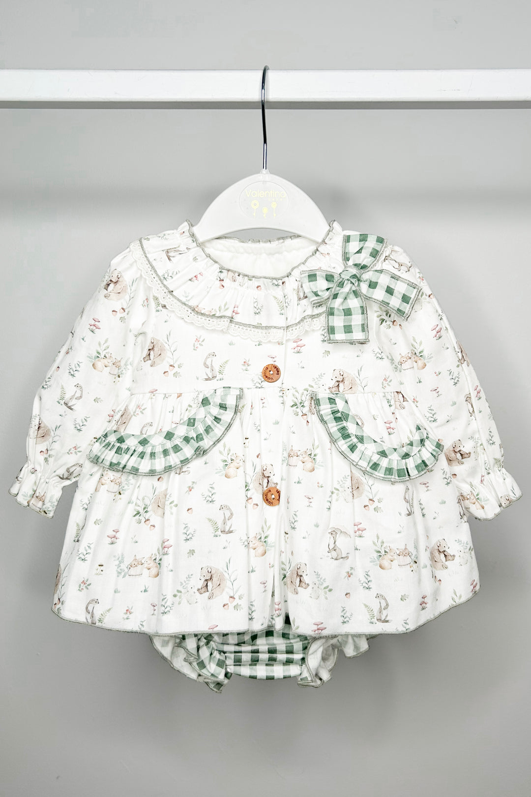Valentina Bebes "Roxanne" Khaki Bunny Print Dress & Bloomers | Millie and John