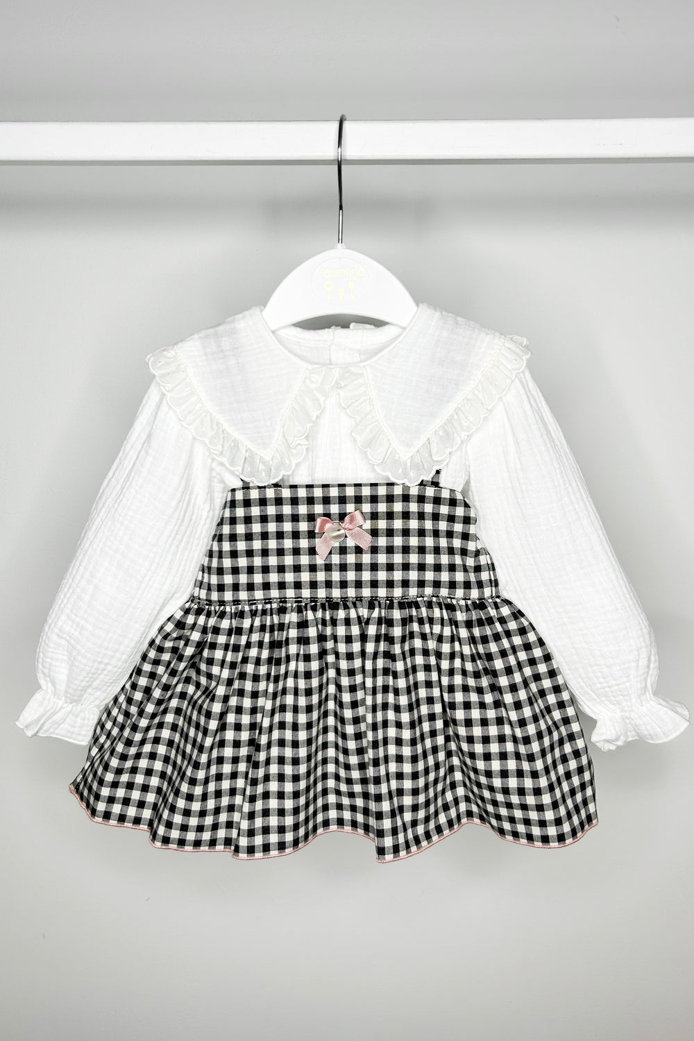 Valentina Bebes "Petra" Black Gingham Pinafore Dress Set | Millie and John
