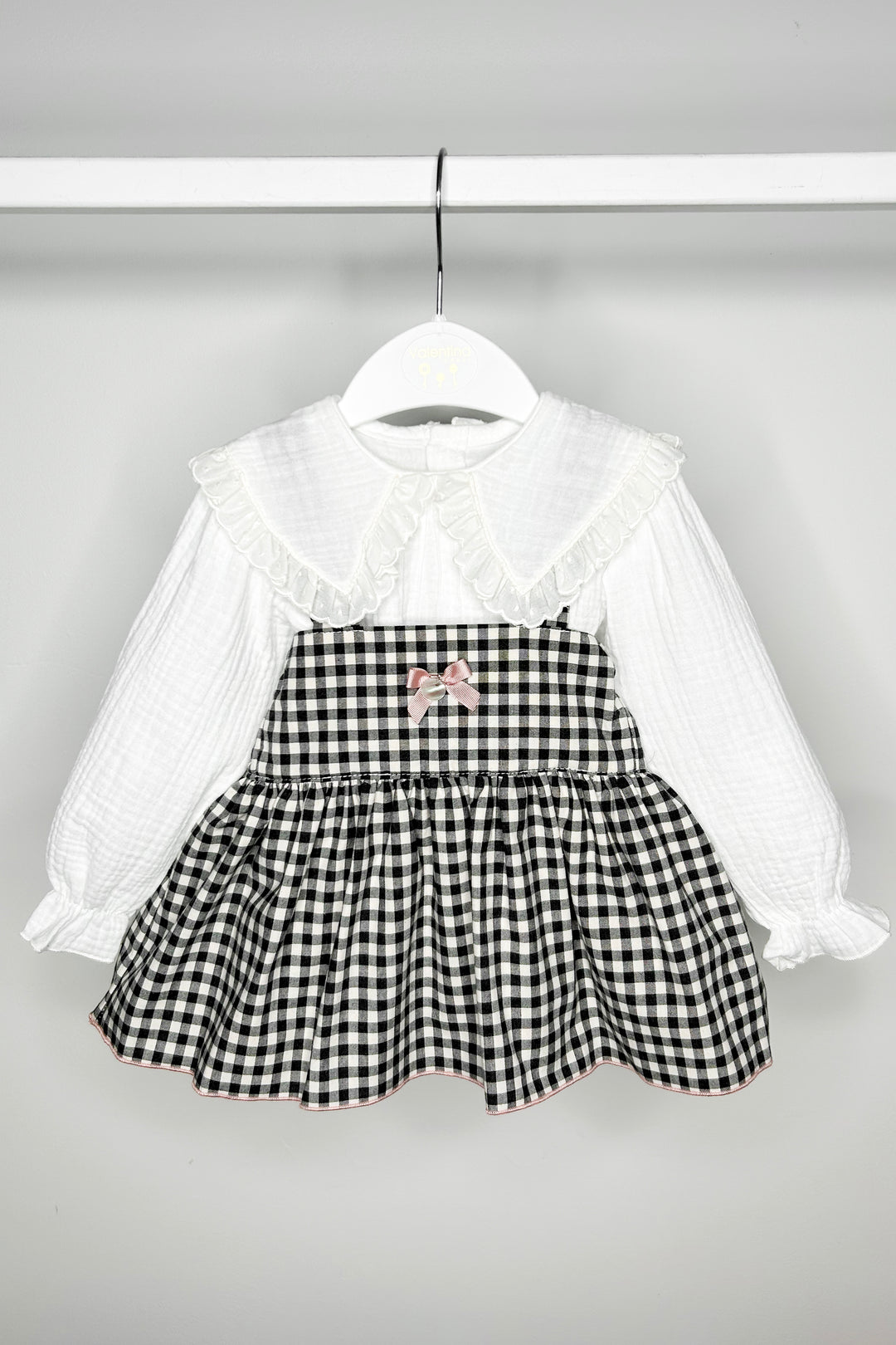Valentina Bebes "Petra" Black Gingham Pinafore Dress Set | Millie and John