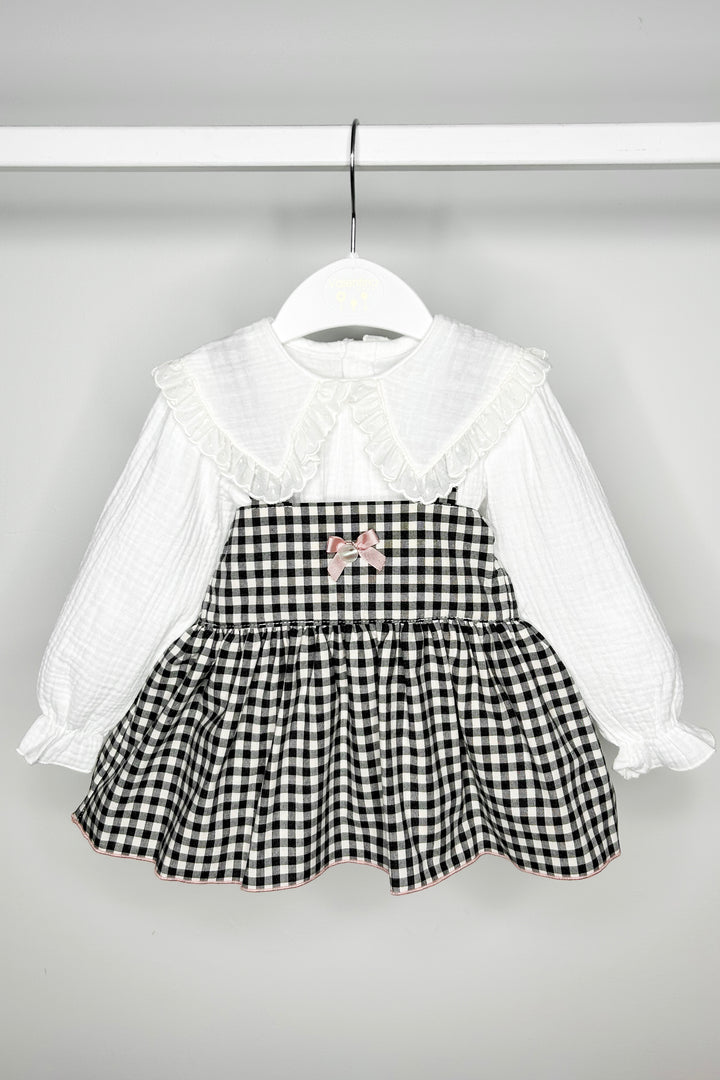 Valentina Bebes "Petra" Black Gingham Pinafore Dress Set | Millie and John