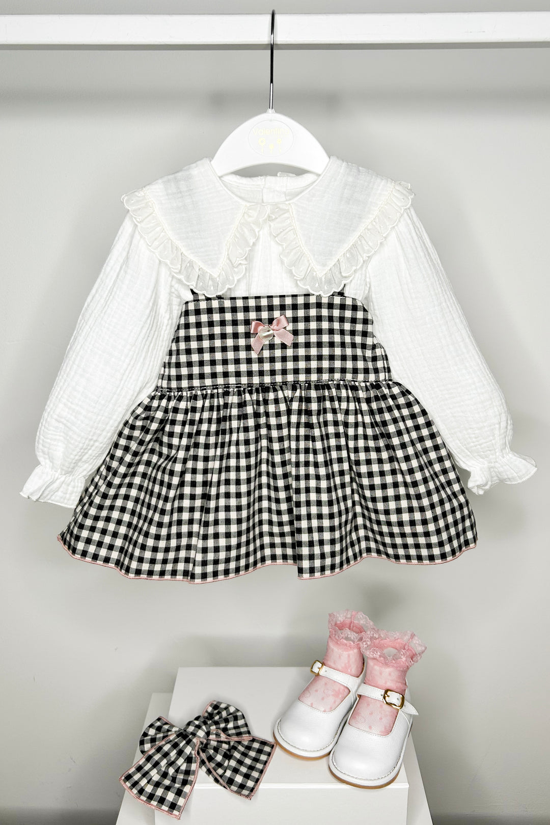 Valentina Bebes "Petra" Black Gingham Pinafore Dress Set | Millie and John