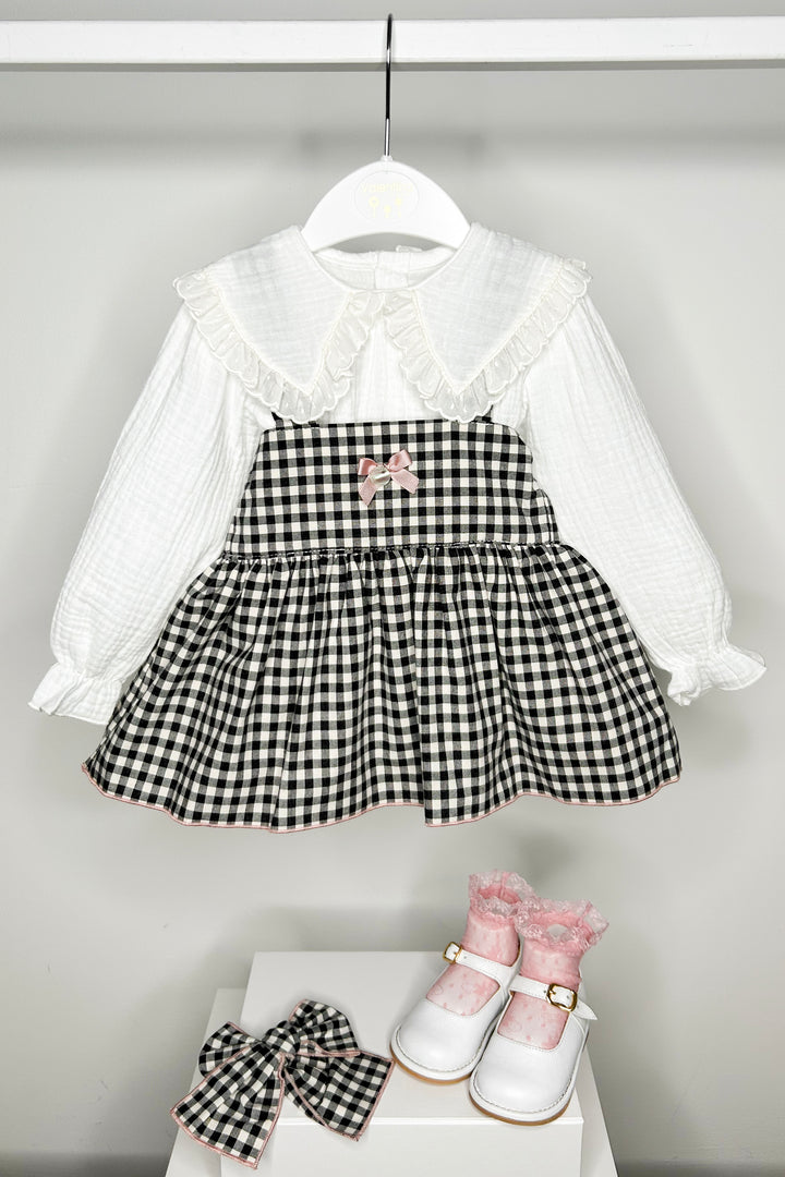 Valentina Bebes "Petra" Black Gingham Pinafore Dress Set | Millie and John