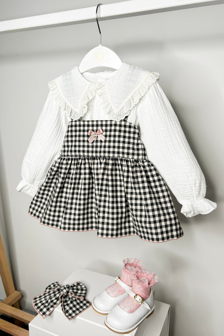 Valentina Bebes "Petra" Black Gingham Pinafore Dress Set | Millie and John