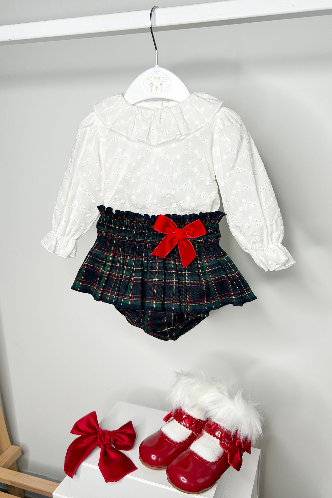 Valentina Bebes "Amelia" Burgundy Cardigan, Blouse & Tartan Bloomers | Millie and John