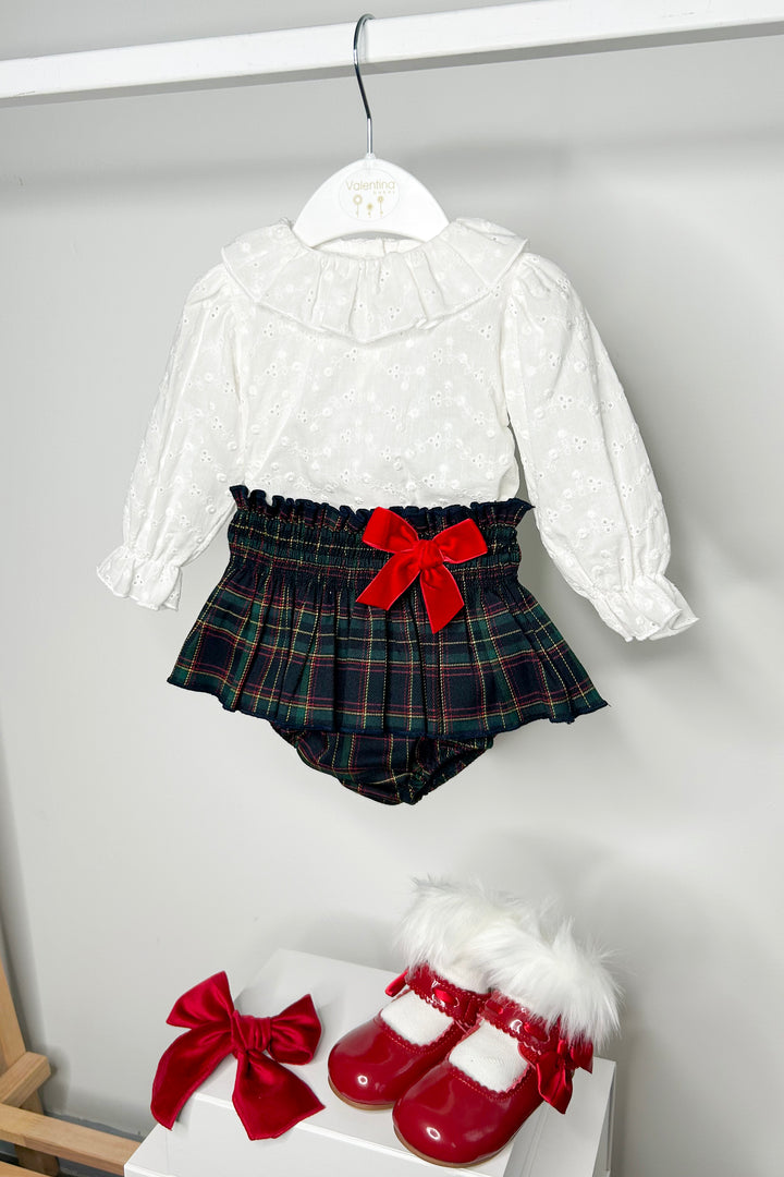 Valentina Bebes "Amelia" Burgundy Cardigan, Blouse & Tartan Bloomers | Millie and John