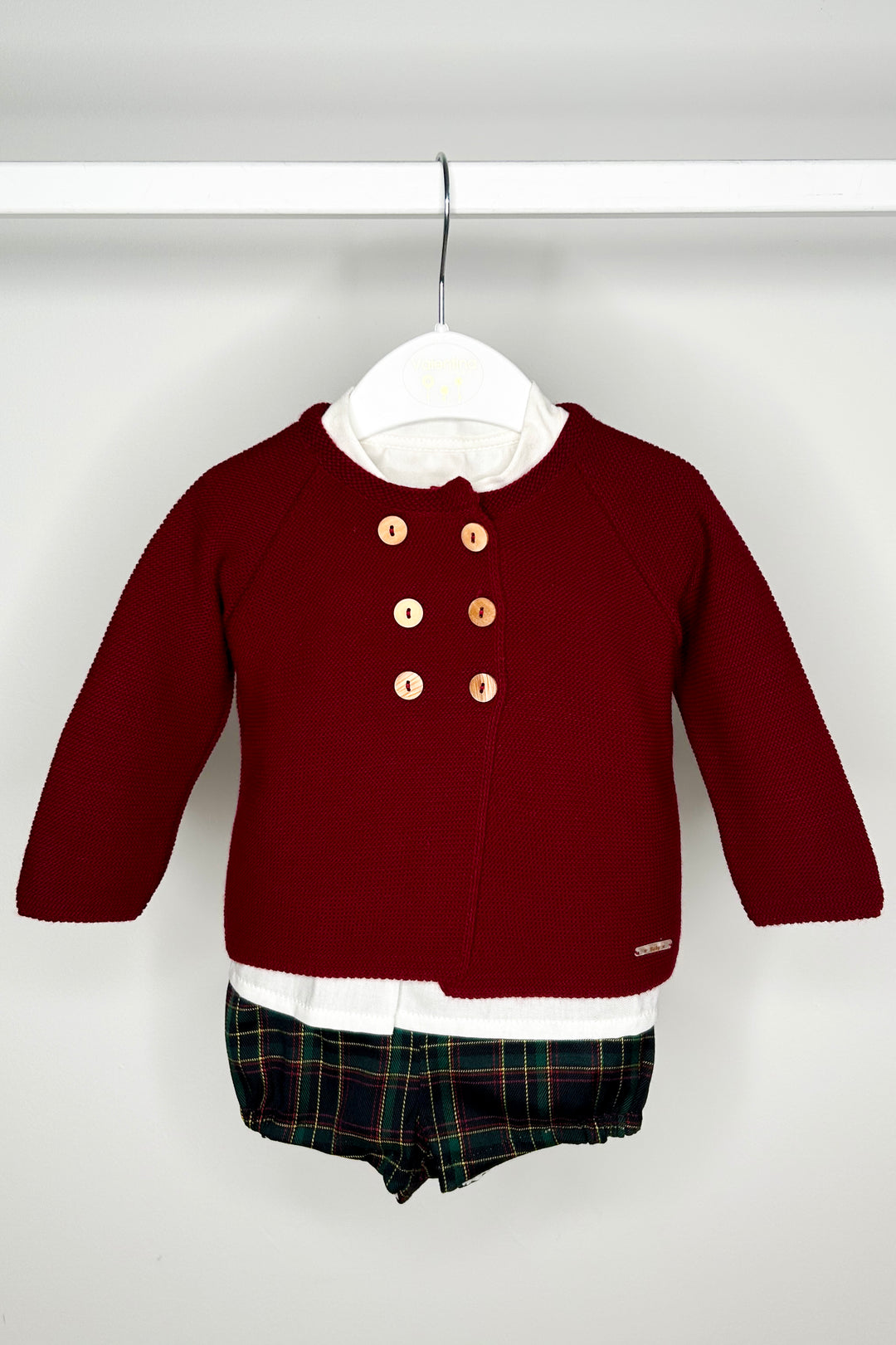 Valentina Bebes "Seb" Burgundy Cardigan, Shirt & Tartan Shorts | Millie and John