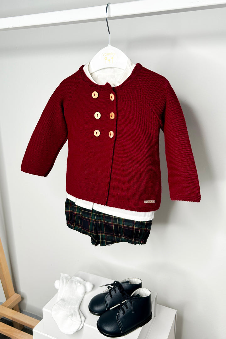 Valentina Bebes "Seb" Burgundy Cardigan, Shirt & Tartan Shorts | Millie and John