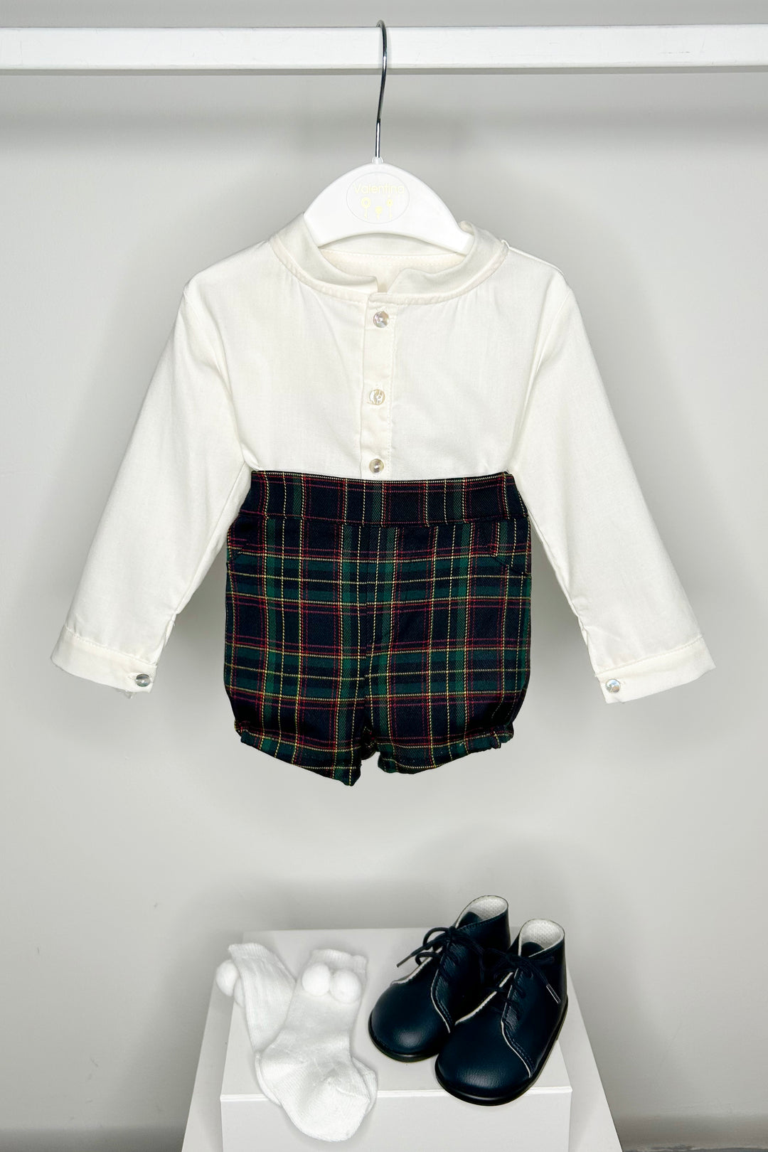 Valentina Bebes "Seb" Burgundy Cardigan, Shirt & Tartan Shorts | Millie and John
