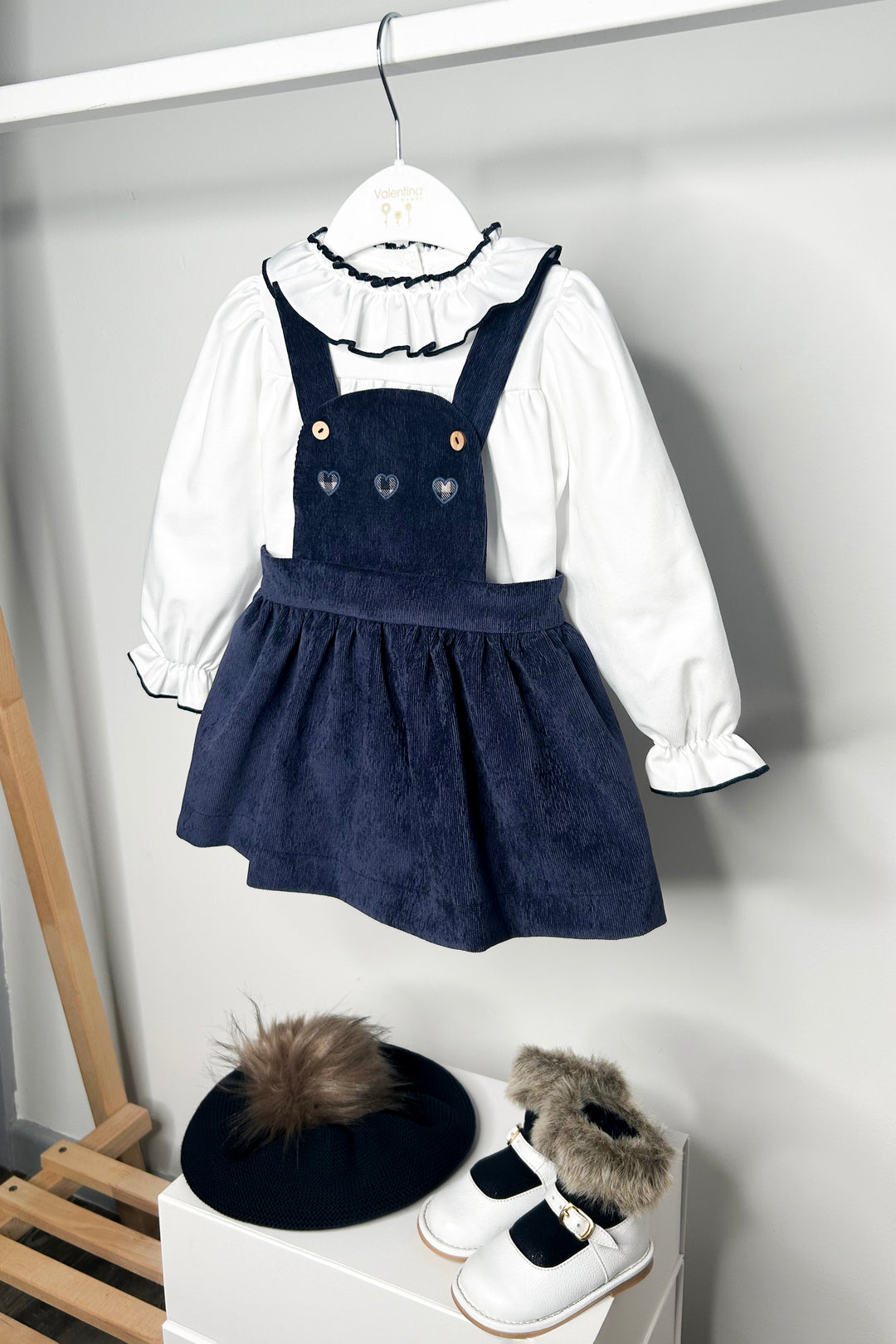 Valentina Bebes "Annabelle" Navy Cord Pinafore Dress Set | Millie and John