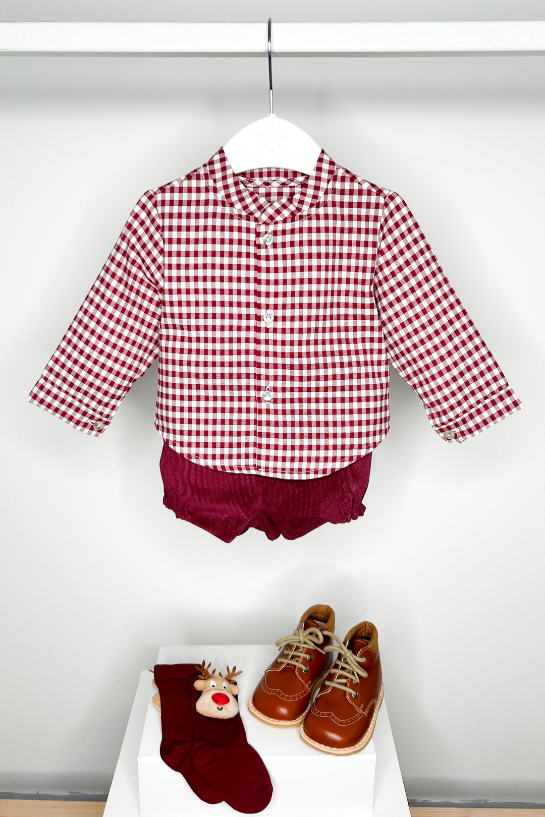 Valentina Bebes "Leonardo" Burgundy Gingham Shirt & Shorts | Millie and John
