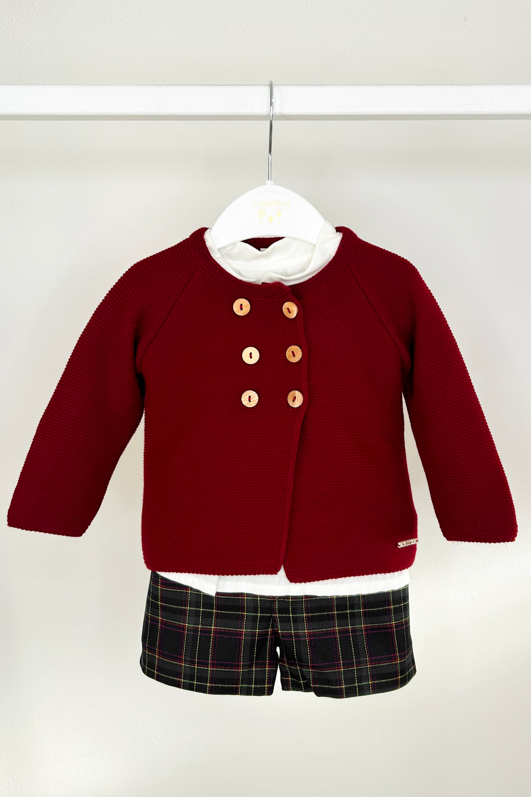 Valentina Bebes "Seb" Burgundy Cardigan, Shirt & Tartan Shorts | Millie and John