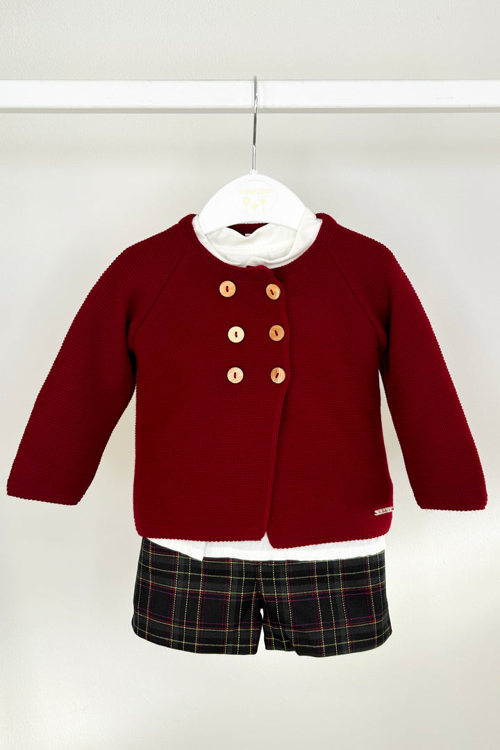 Valentina Bebes "Seb" Burgundy Cardigan, Shirt & Tartan Shorts | Millie and John